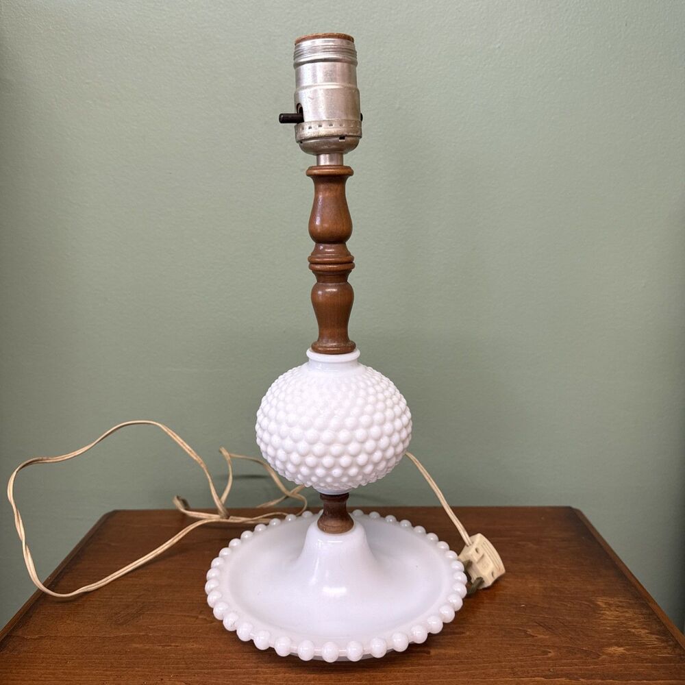Vintage 12.5" White Milk Glass Hobnail Bedside Table Trinket Dish Lamp - Works!